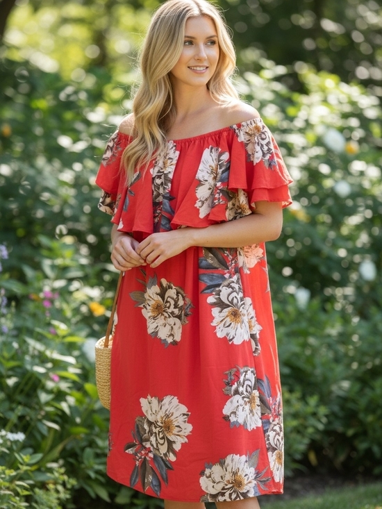 Acesnug Dresses & Skirts - Floral Off-Shoulder Red Mini Dress